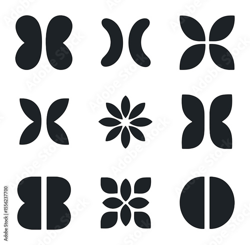 Abstract Symmetry Icons. Solid, filled icons set of abstract symmetry: mirrored shapes, twin curve, repeating