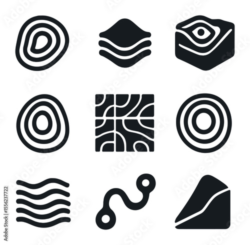Abstract Topography Icons. Solid, filled icons set of abstract topography: contour lines, layered hill,