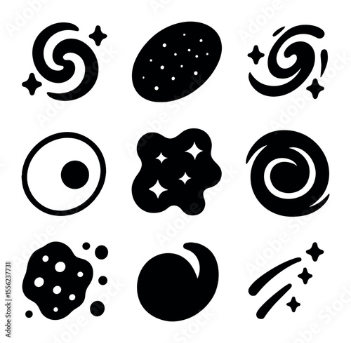 Cosmic Icon Set. Solid, filled icons set of abstract cosmic designs: star swirl, space gradient, galaxy curve,