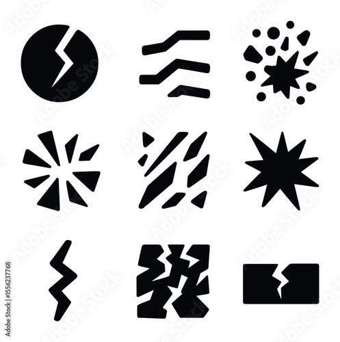 Fragmented Abstract Icons. Solid, filled icons set of fragmented abstracts: cracked shape, broken lines,