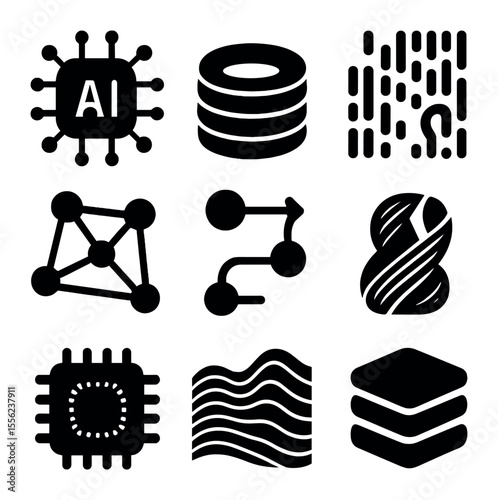 Futuristic Tech Icons. Solid, filled icons set of tech-futurism: AI core, data rings, matrix code, digital