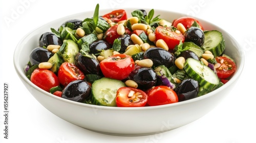 Fresh Salad in a Bowl: A vibrant and healthy salad, filled with juicy cherry tomato, ripe olive, crisp cucumber, and crunchy pine nut, served in a classic white bowl.