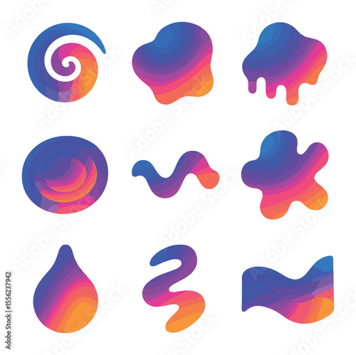 Fluid Digital Icons. Solid, filled icons set of fluid digital forms: color swirl, plasma blob, shape melt,