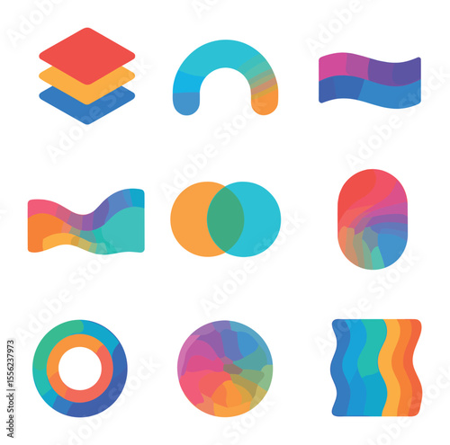 Color Overlay Icons. Solid, filled icons set of color overlay abstracts: tone layers, transparency arc, color