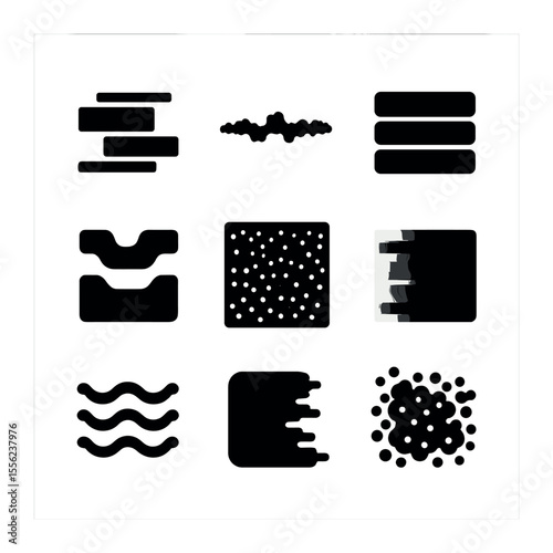 Abstract Tech Noise Icons. Solid, filled icons set of abstract tech noise: glitch bar, flicker line, RGB band,