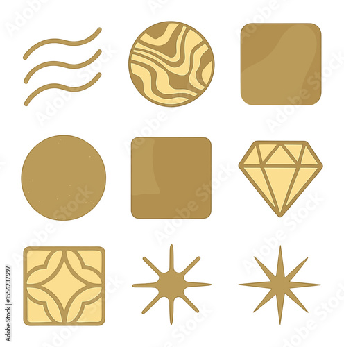 Luxury Icons Collection. Solid, filled icons set of luxury abstract themes: gold line, marble swirl, velvet