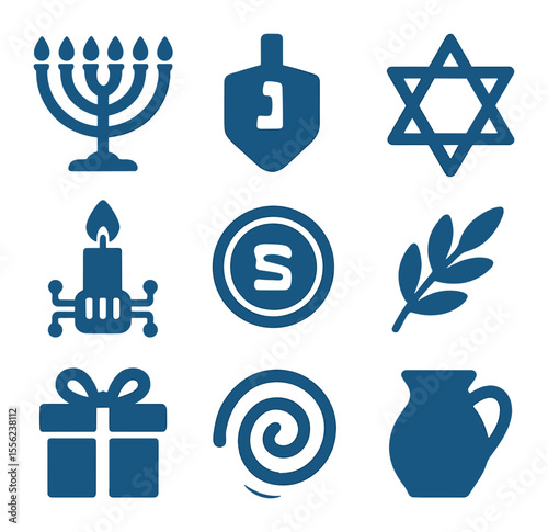 Hanukkah Icon Grid. Solid, filled icons set of Hanukkah AI visuals: menorah light, dreidel spin, digital star,