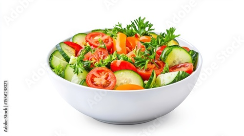 Fresh and Vibrant Salad Bowl: A close-up studio shot of a healthy, colorful salad in a white bowl. bursting with fresh vegetables, this dish offers a delicious and nutritious meal.