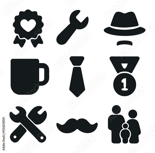 Father's Day Icons. Solid, filled icons set of Father’s Day AI shapes: dad badge, wrench icon, hat shape,