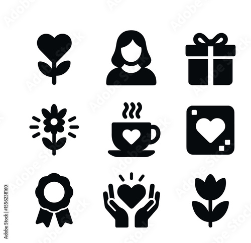 Mother's Day Icons. Solid, filled icons set of AI-generated Mother’s Day art: heart flower, mom figure, gift