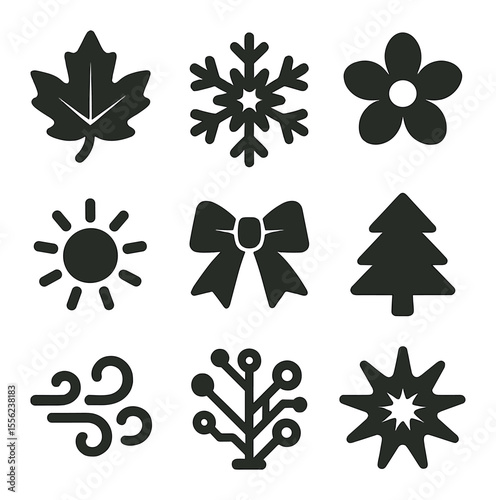 Seasonal Icon Grid. Solid, filled icons set of seasonal AI art: autumn leaf, snowflake form, spring bloom,