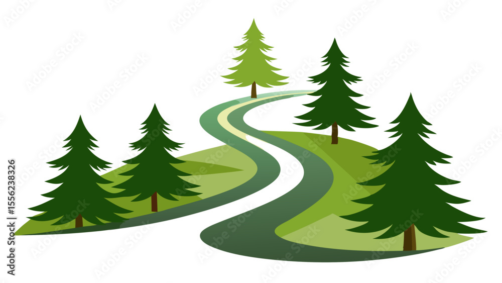 Fototapeta premium Curvy Forest Road with Pine Trees Vector