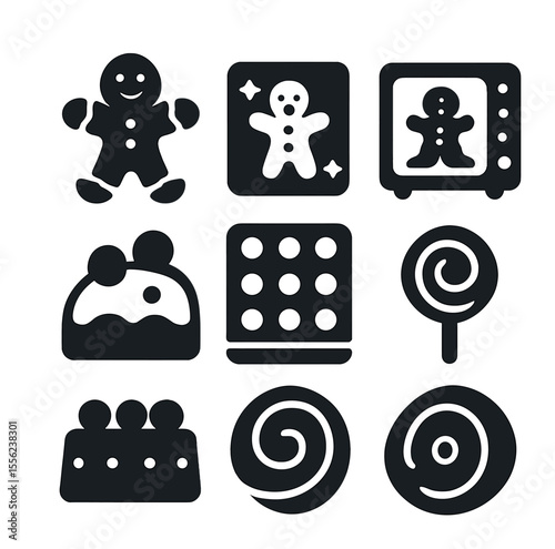 AI Gingerbread Icons. Solid, filled icons set of AI gingerbread themes: cookie shape, icing lines, gumdrop