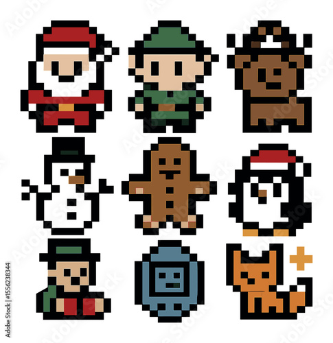 Festive Pixel Icons. Solid, filled icons set of pixel-style festive characters: Santa, elf, reindeer, snowman,