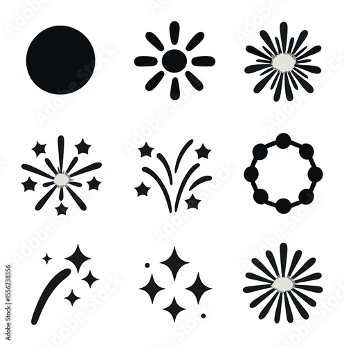 Festive Fireworks Icons. Solid, filled icons set of festive AI fireworks finale: light orb, neon core, crackle