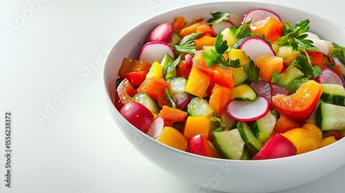 Fresh and Vibrant Salad: A delightful mix of fresh, colorful vegetables. Perfectly arranged in a bowl, this healthy dish bursts with flavors and invites a refreshing culinary experience.