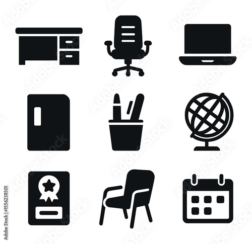 Executive Office Icons. Solid, filled icons set of executive suites: large desk, executive chair, laptop,