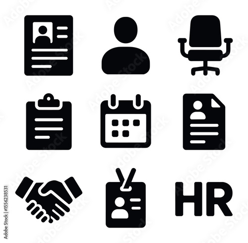 HR Office Icons. Solid, filled icons set of HR office settings: resume, applicant icon, interview chair,