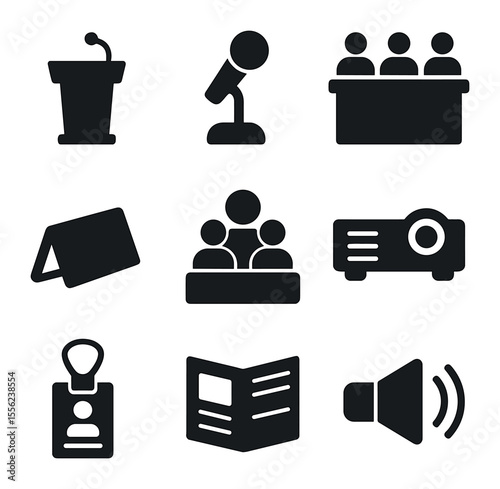 Conference Icon Set. Solid, filled icons set of business conference halls: stage podium, microphone, panel
