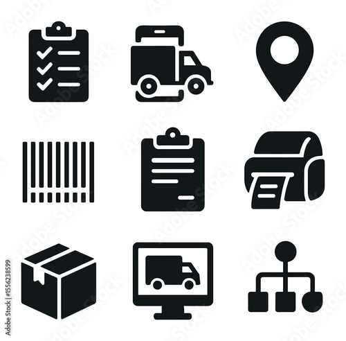 Logistics Icon Set. Solid, filled icons set of logistics office spaces: delivery board, tracking icon, map pin