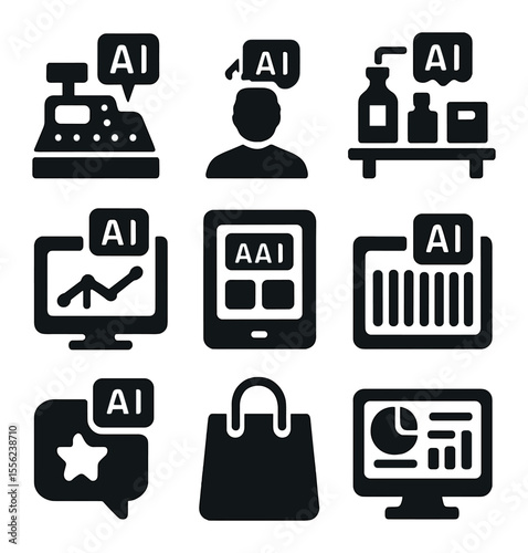 AI Retail Icons Set. Solid, filled icons set of AI-enhanced retail offices: point of sale, customer analytics,