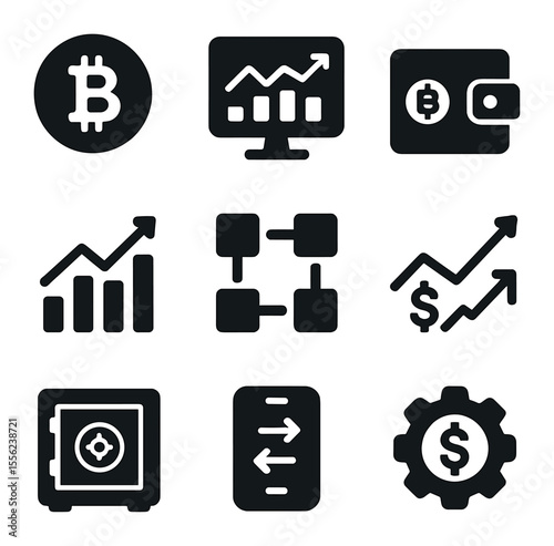 Finance Tech Icons Grid. Solid, filled icons set of finance-tech office designs: bitcoin symbol, stock