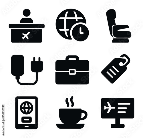 International Business Icons. Solid, filled icons set of international business lounges: airport desk, global