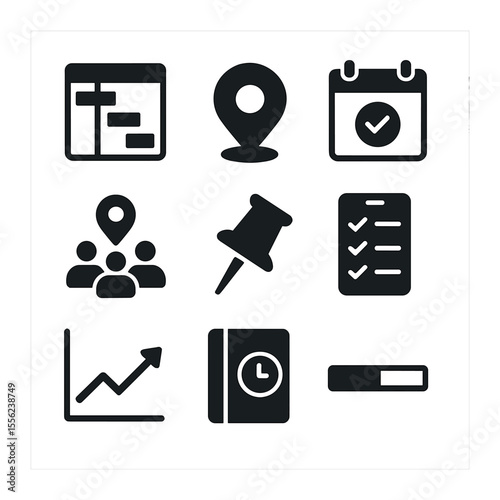 Project Management Icons. Solid, filled icons set of project management areas: gantt chart, milestone icon,