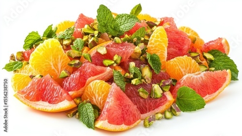 Fresh Citrus Fruit Salad: A vibrant close-up captures a refreshing fruit salad composed of grapefruit segments, orange slices, fresh mint leaves, and chopped pistachios, bursting with fresh flavors.