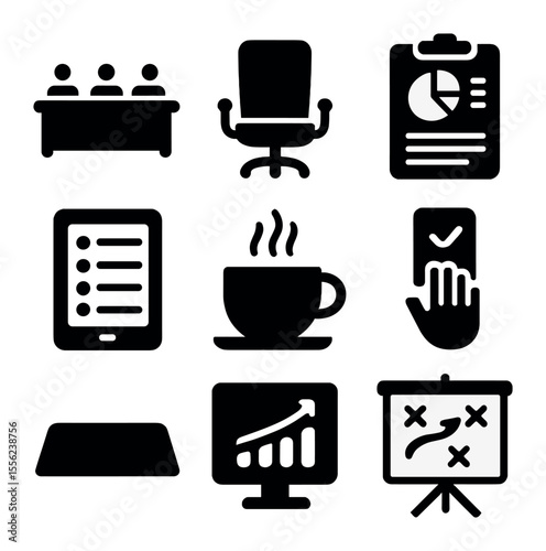 Executive Board Icons. Solid, filled icons set of executive board meetings: long desk, suit chair, quarterly