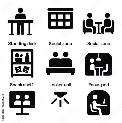 Shared Workspace Icons. Solid, filled icons set of shared workspace facilities: standing desk, wall planner,
