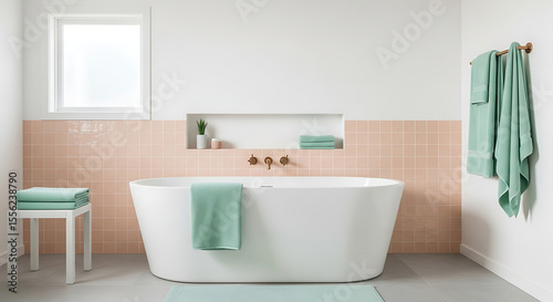 Modern bathroom with freestanding tub, pale pink tiles, and mint green towels.