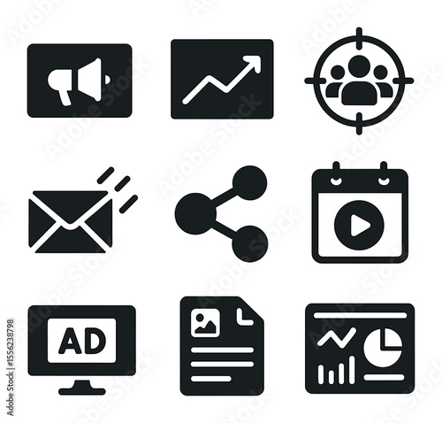 Digital Marketing Icons. Solid, filled icons set of digital marketing suites: ad icon, performance chart,