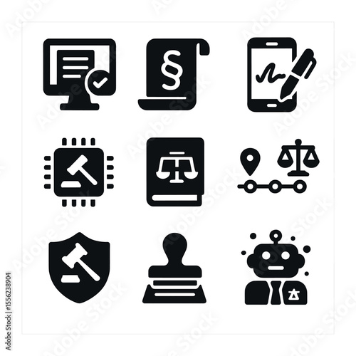 Legal-Tech Icons Grid. Solid, filled icons set of modern legal-tech offices: contract screen, clause icon,