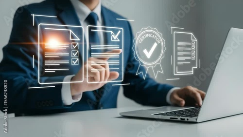 Businessman interacting with digital compliance checklist and certification icons on laptop screen