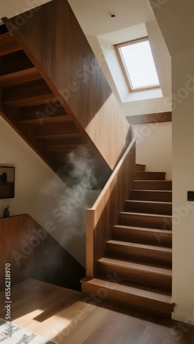 Modern Wooden Staircase with Skylight and Dust Particles