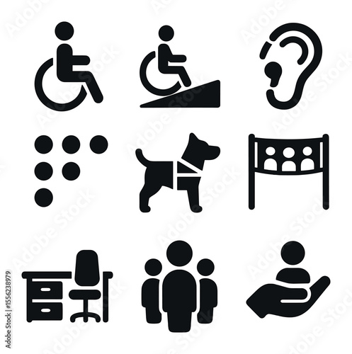 Inclusive Office Icons. Solid, filled icons set of inclusive office environments: wheelchair icon, accessible