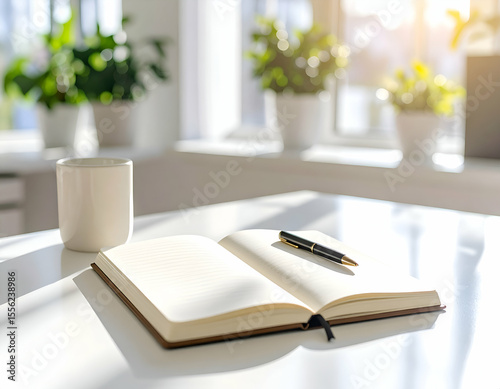 Open Notebook with Pen and Coffee Cup on White Desk in Sunlit Room