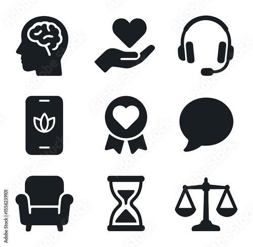 Mental Health Icons. Solid, filled icons set of mental health support at work: brain icon, heart in hand,