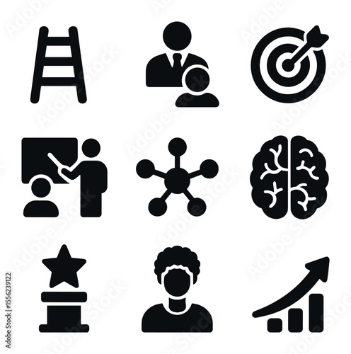 Professional Growth Icons. Solid, filled icons set of diverse professional growth: ladder icon, mentor symbol,