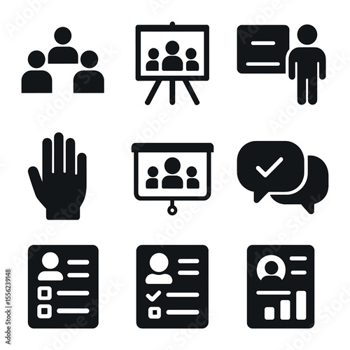 Diversity Icons Grid. Solid, filled icons set of diversity training: classroom icon, whiteboard, learning