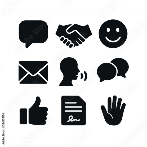 Respectful Communication Icons. Solid, filled icons set of respectful communication: chat bubble, handshake