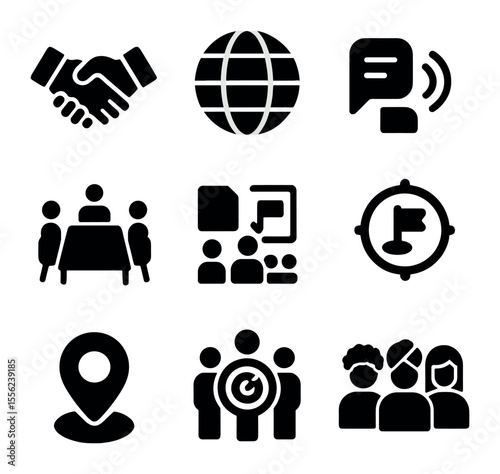 Cross-Cultural Icons Grid. Solid, filled icons set of cross-cultural collaboration: handshake, world icon,