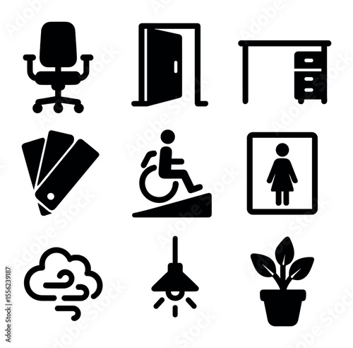 Inclusive Office Icons. Solid, filled icons set of inclusive office design: adjustable chair, wide door, desk