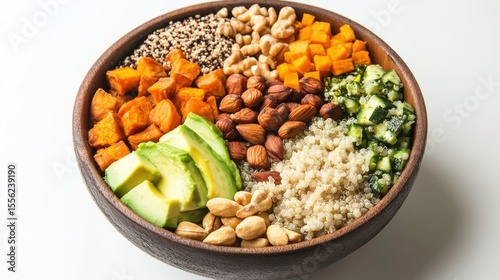 Wholesome Nourishment: An enticing array of healthy ingredients, artfully arranged in a rustic bowl, evokes feelings of well-being and vitality. From vibrant vegetables to wholesome grains.