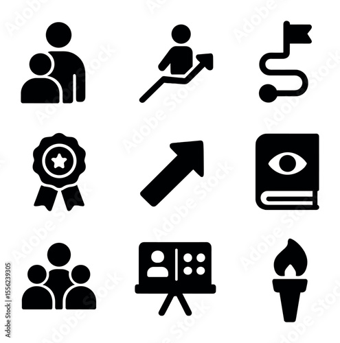 Inclusive Leadership Icons. Solid, filled icons set of inclusive leadership development: mentor icon,