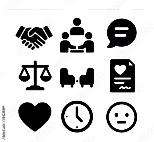 Conflict Resolution Icons. Solid, filled icons set of conflict resolution practices: handshake, mediation icon
