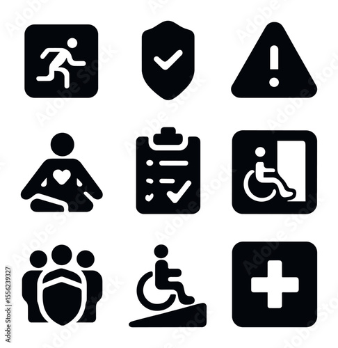 Workplace Safety Icons. Solid, filled icons set of workplace safety for all: emergency icon, safety badge,