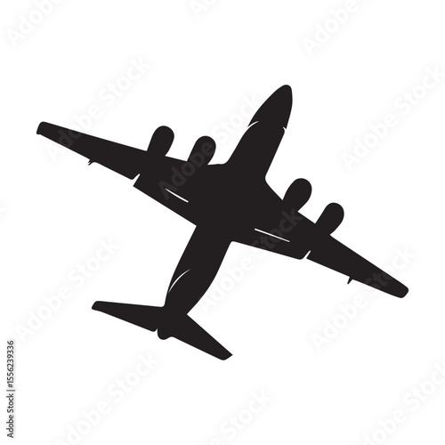 Silhouette of a four engine propeller airplane in flight against a white background