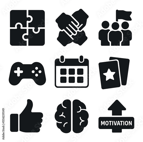 Inclusive Team-Building Icons. Solid, filled icons set of inclusive team-building: puzzle icon, group hands,